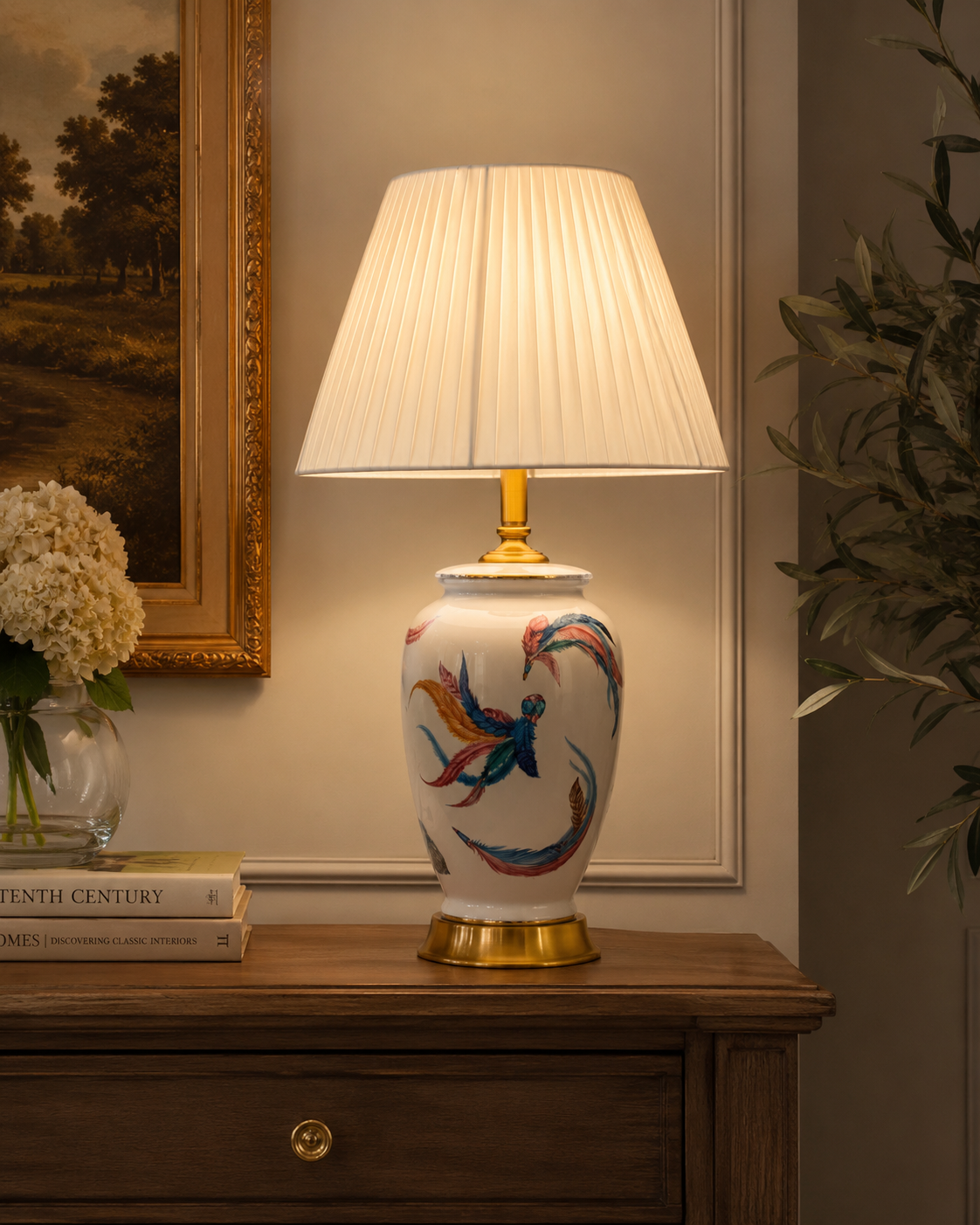 Blue Floral Porcelain Table Lamp with Satin Shade