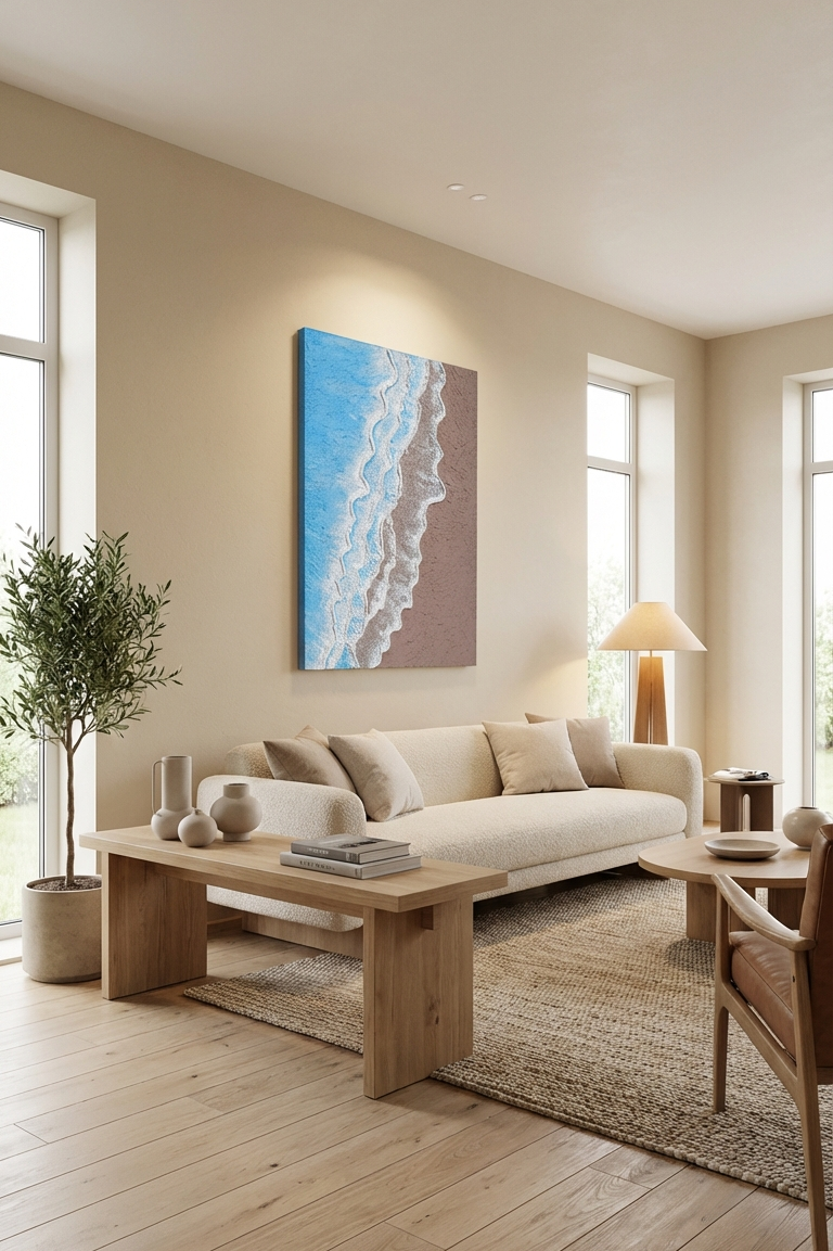 Modern living room with beige sofa, wooden coffee table, and beach-themed wall art.