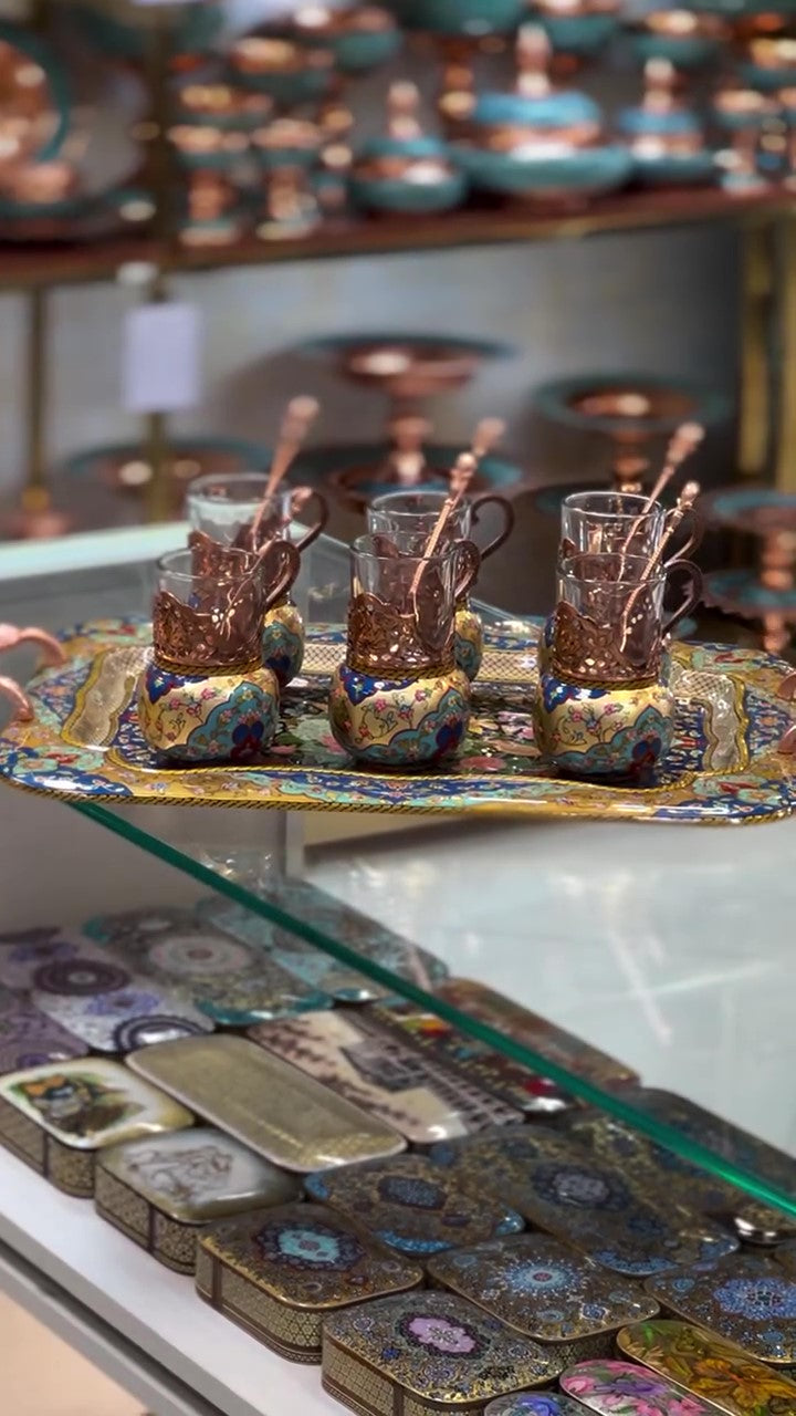 Luxury Copper Tea Serving Set with Gold-Leaf Style Painted Details, 6 Glass Cups, Serving Tray, and Sugar Bowl