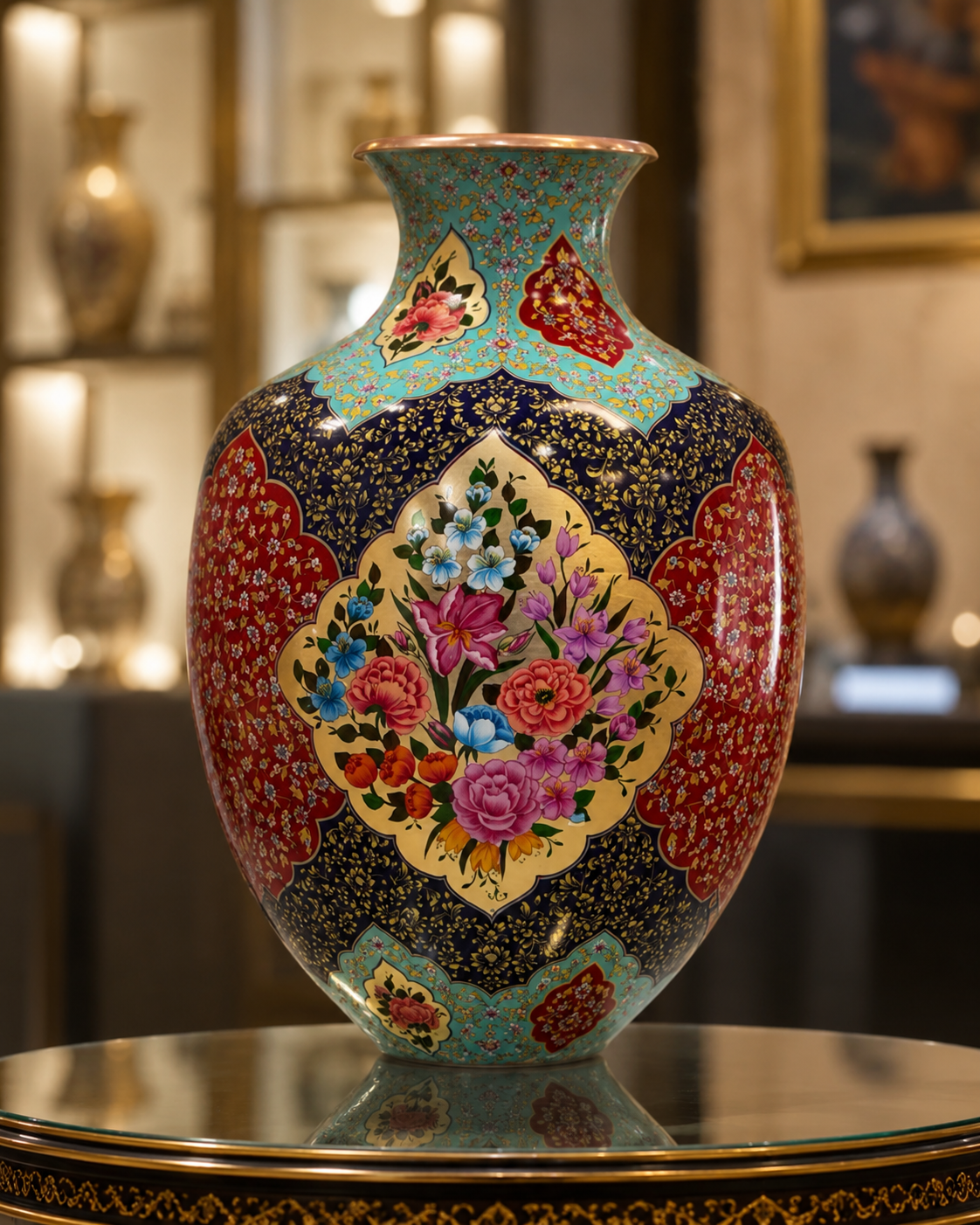 Large Hand-Painted Copper Decorative Vase with Gold-Tone Leaf Artwork