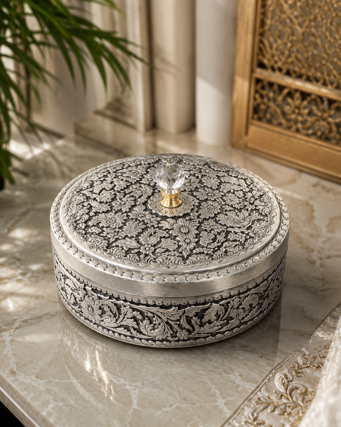 Hand-Engraved Copper Spice Box with 7 Lidded Containers – Tin-Coated Storage Set