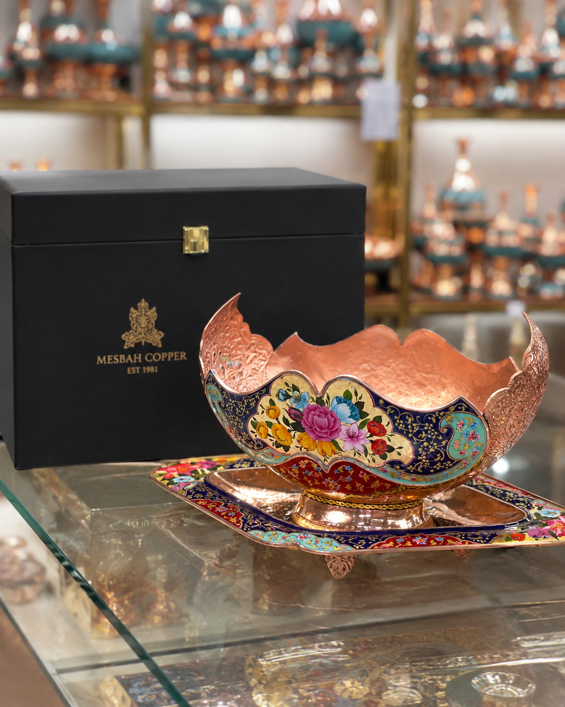 Decorative Copper Bowl and Footed Tray Set