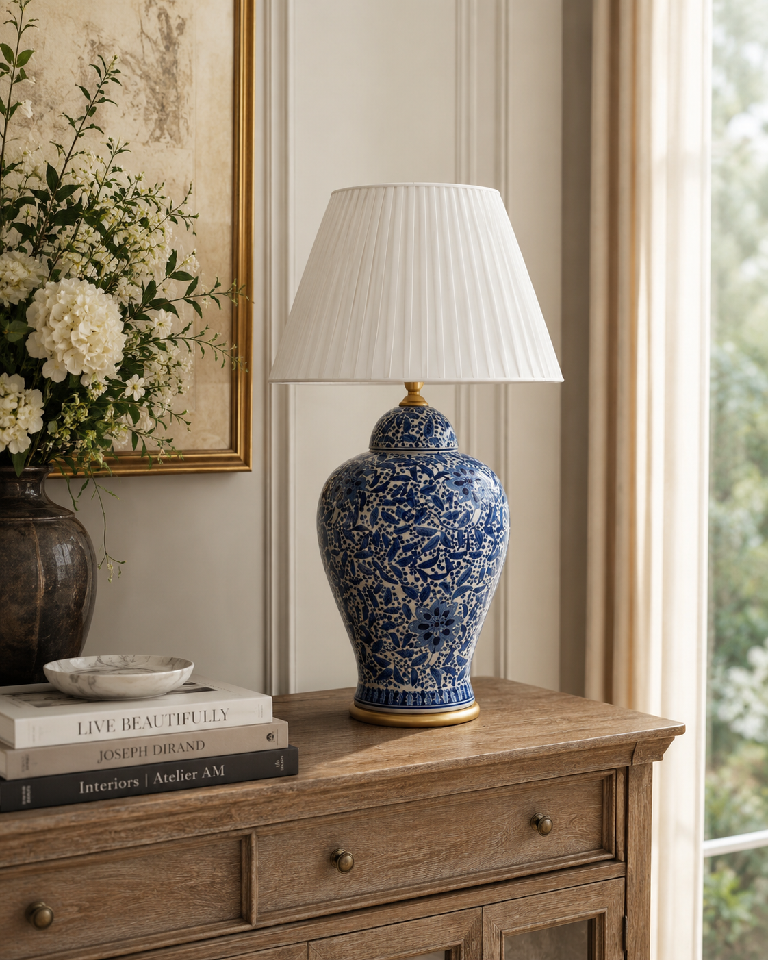 Blue Floral Porcelain Table Lamp with Satin Shade