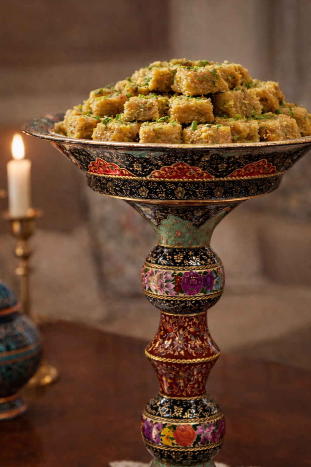 Decorative stand with a stack of green and brown food items, candle in the background
