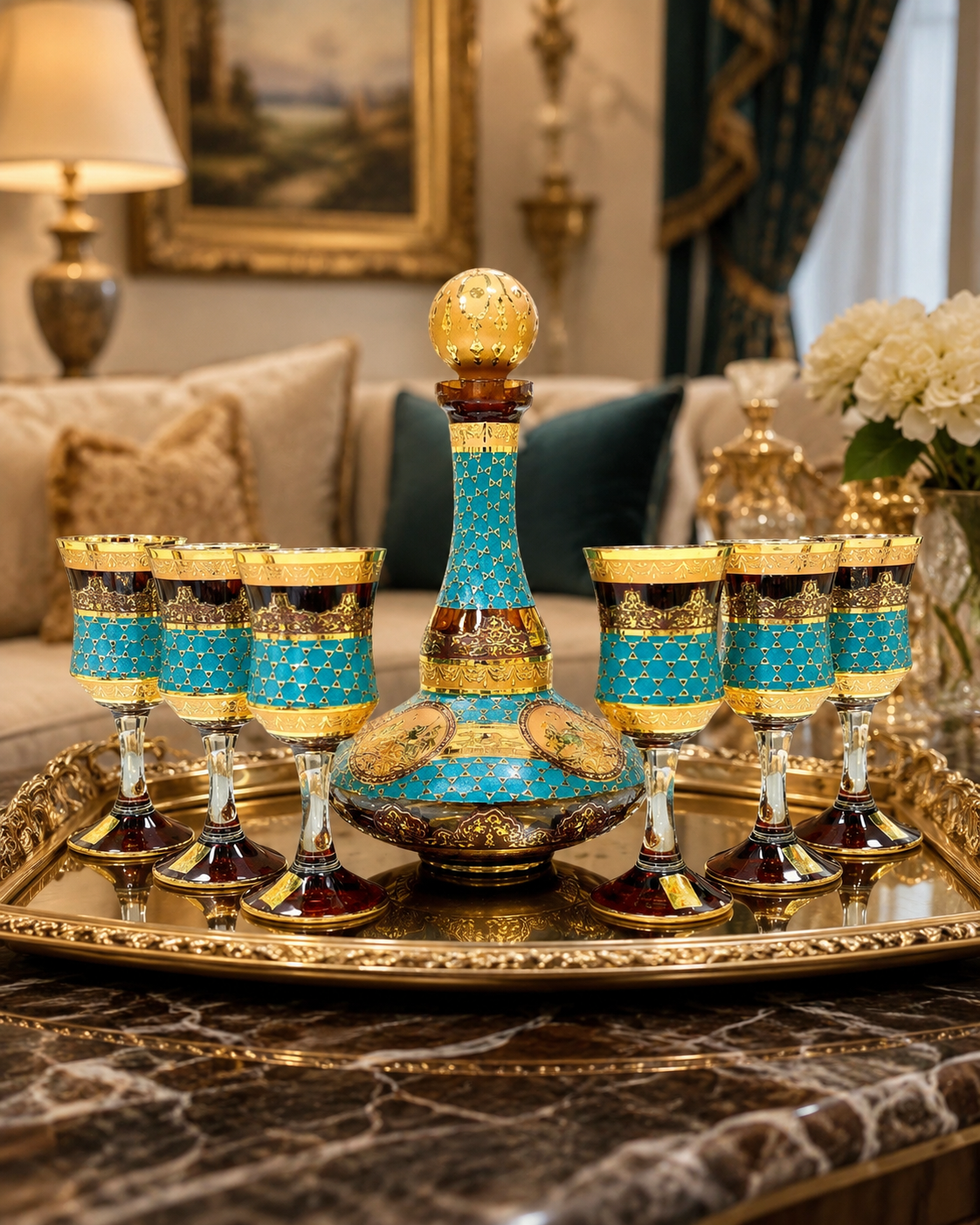 Amber Crystal Decanter & 6 Goblet Set with Gold-Tone Design