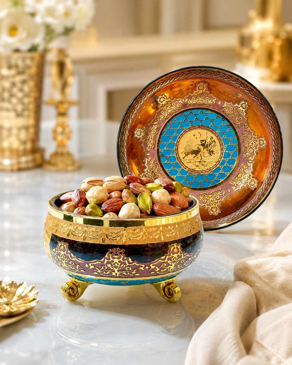 Amber Crystal-Style Bowl & Dessert Plate Set with Gold-Tone Jupiter Pattern