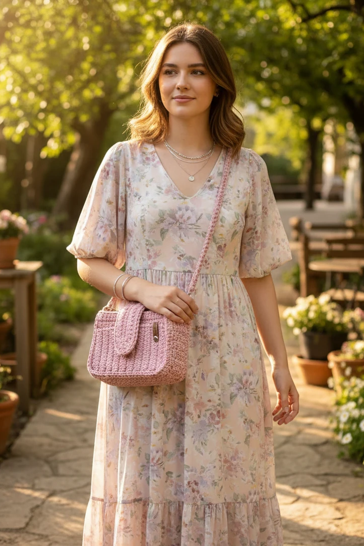 Woman in a floral dress holding a pink handbag in a garden setting