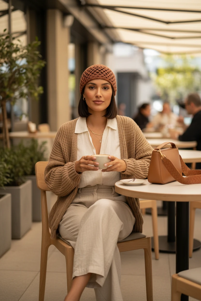 Woman sitting at an outdoor cafe holding a cup, wearing a brown knit hat and beige sweater.