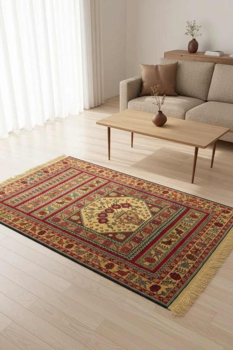 Decorative rug with geometric pattern in a living room setting