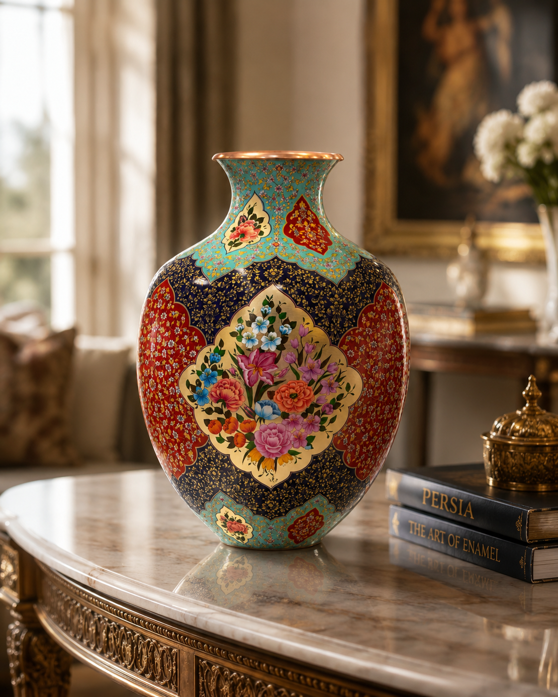 Large Hand-Painted Copper Decorative Vase with Gold-Tone Leaf Artwork