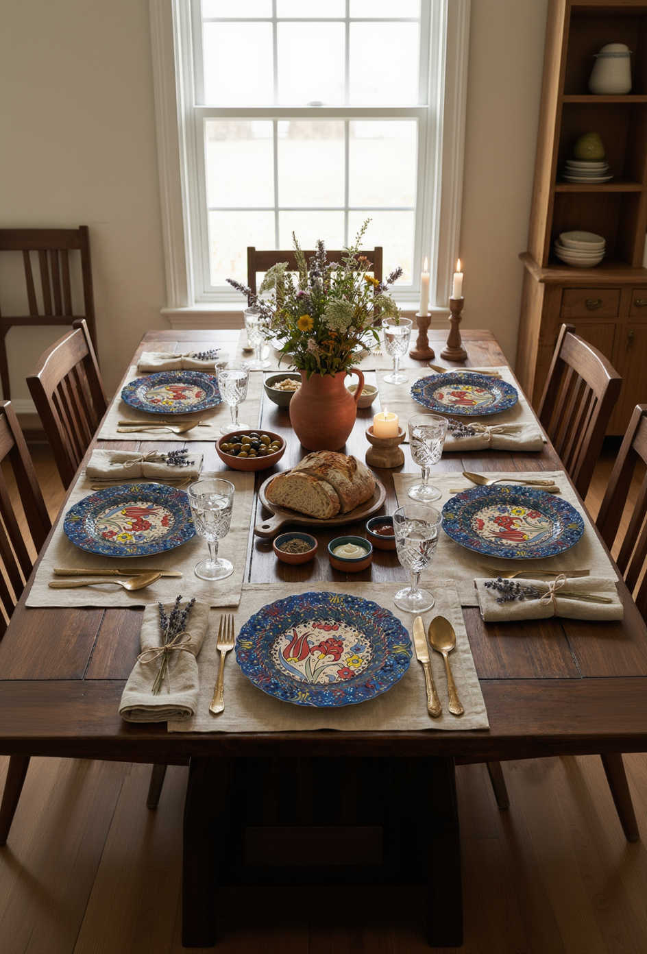Dining table set with floral plates, bread, and glasses in a home setting.