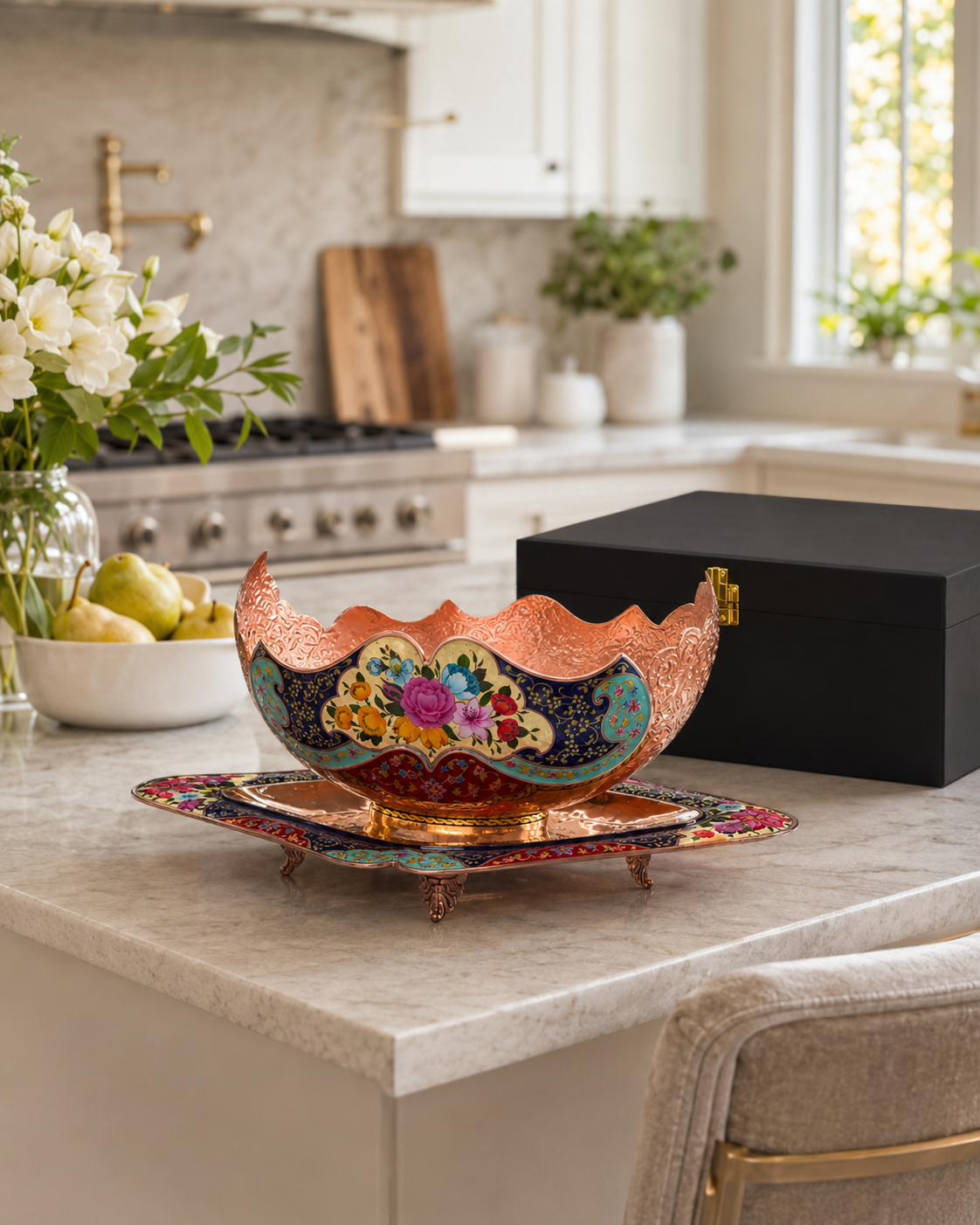 Decorative Copper Bowl and Footed Tray Set