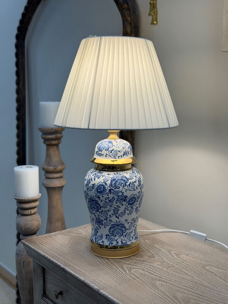 Blue Floral Porcelain Table Lamp with Satin Shade