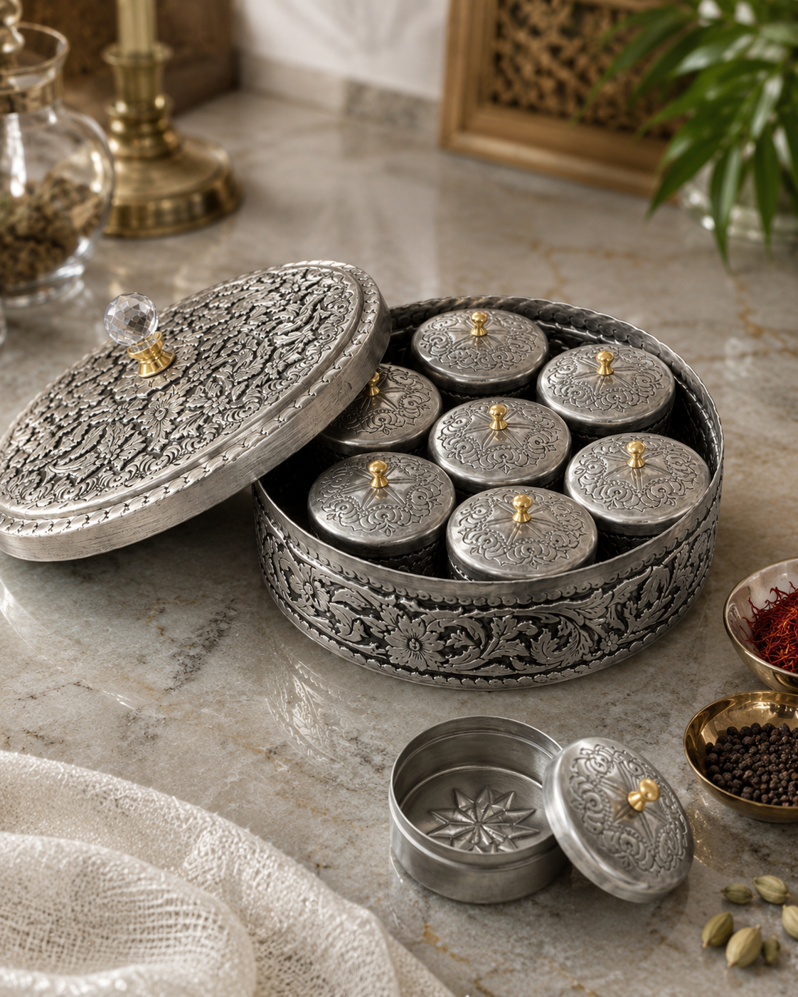 Hand-Engraved Copper Spice Box with 7 Lidded Containers – Tin-Coated Storage Set