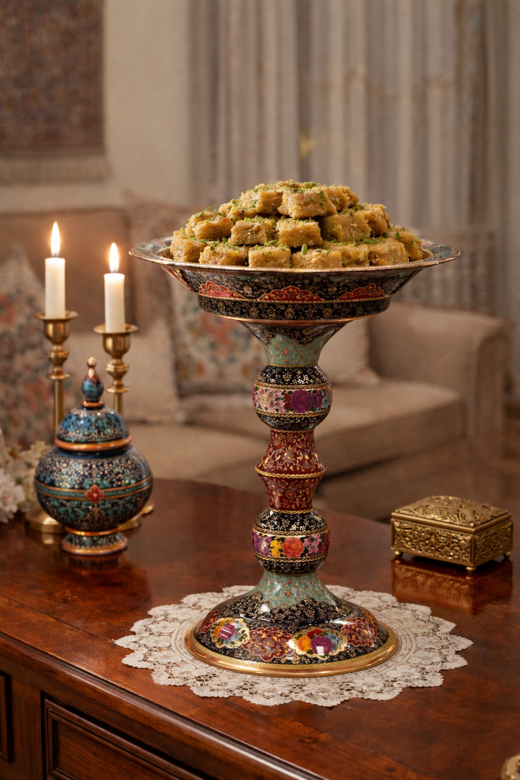 Decorative stand with sweets on a table with candles and a box in a room setting
