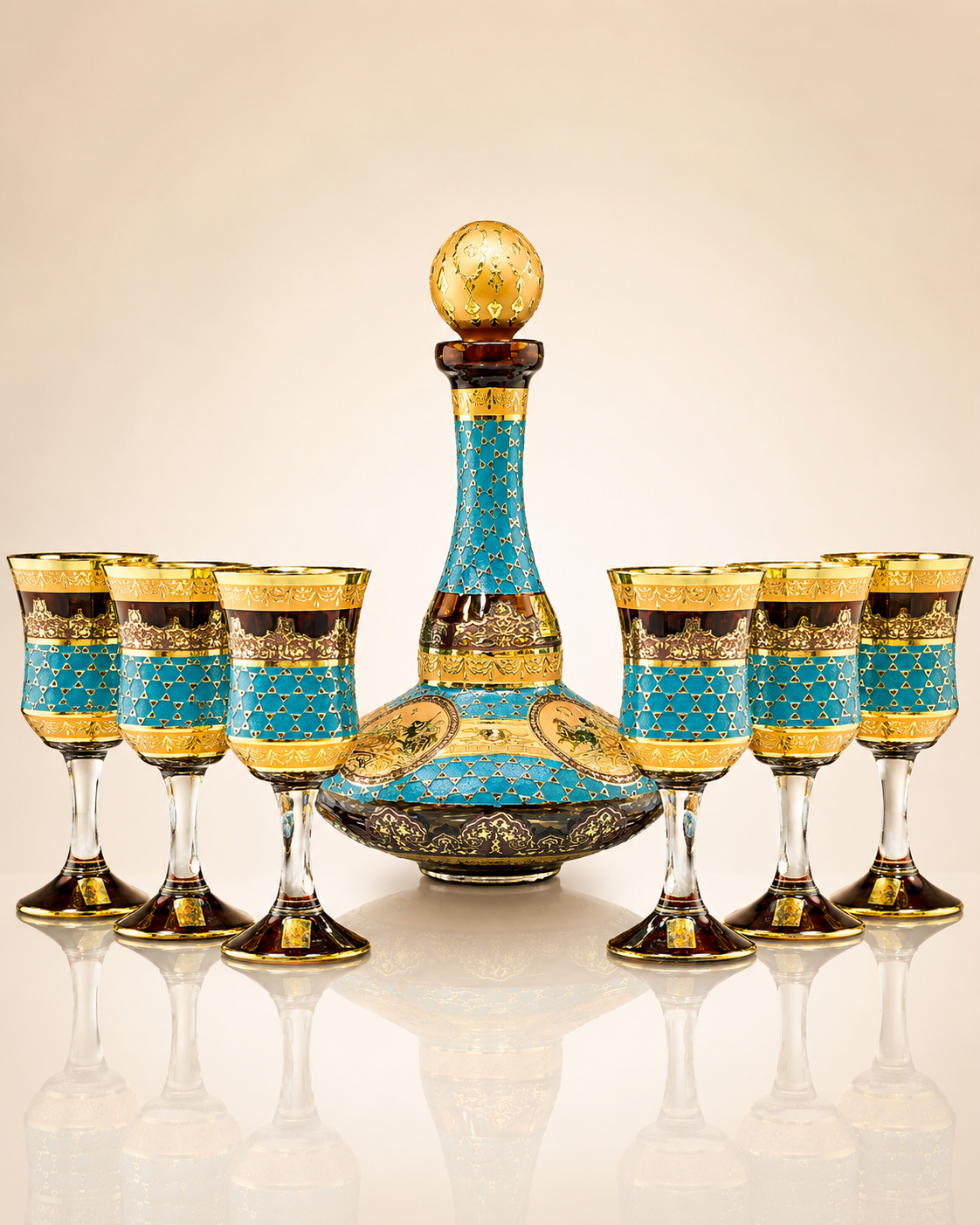 Amber Crystal Decanter & 6 Goblet Set with Gold-Tone Design