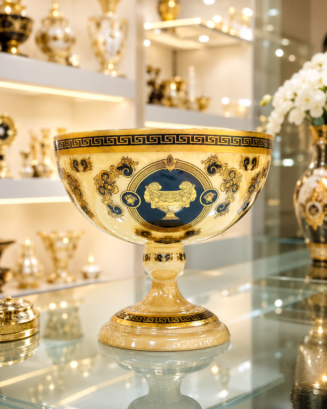 Large Crystal Fruit Bowl with Gold-Tone Pattern – 35 cm