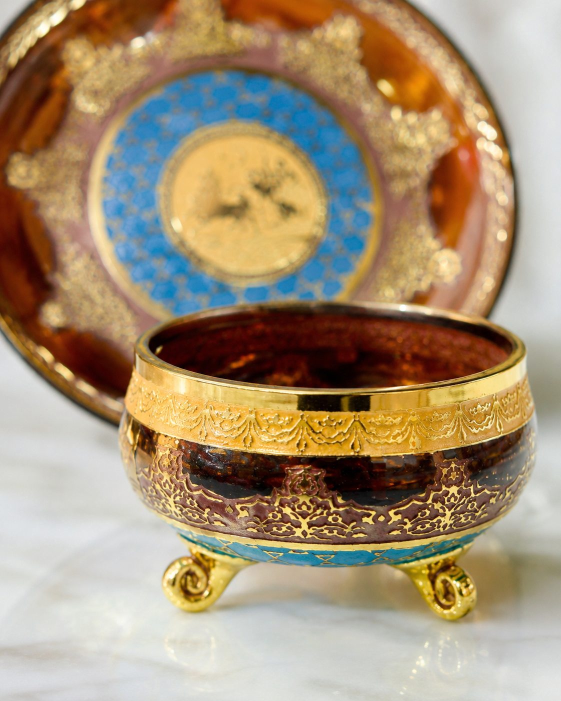 Amber Crystal-Style Bowl & Dessert Plate Set with Gold-Tone Jupiter Pattern