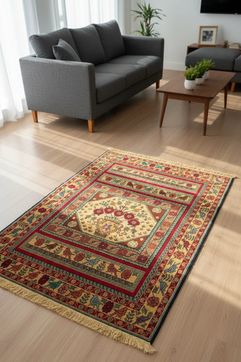 Decorative rug with a central pattern on a wooden floor in a living room setting.