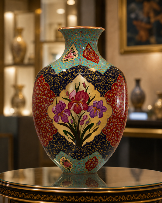 Large Hand-Painted Copper Decorative Vase with Gold-Tone Leaf Artwork