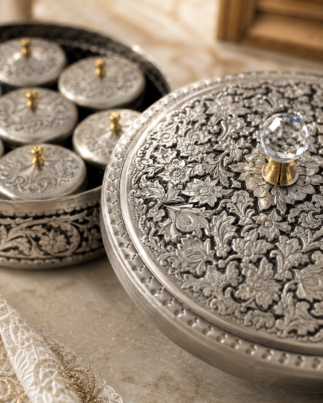 Hand-Engraved Copper Spice Box with 7 Lidded Containers – Tin-Coated Storage Set