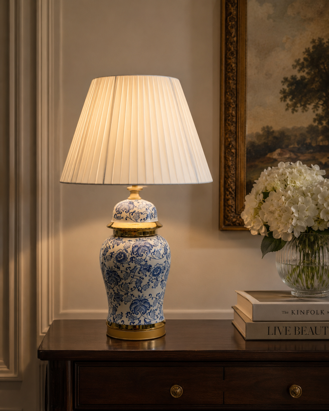 Blue Floral Porcelain Table Lamp with Satin Shade