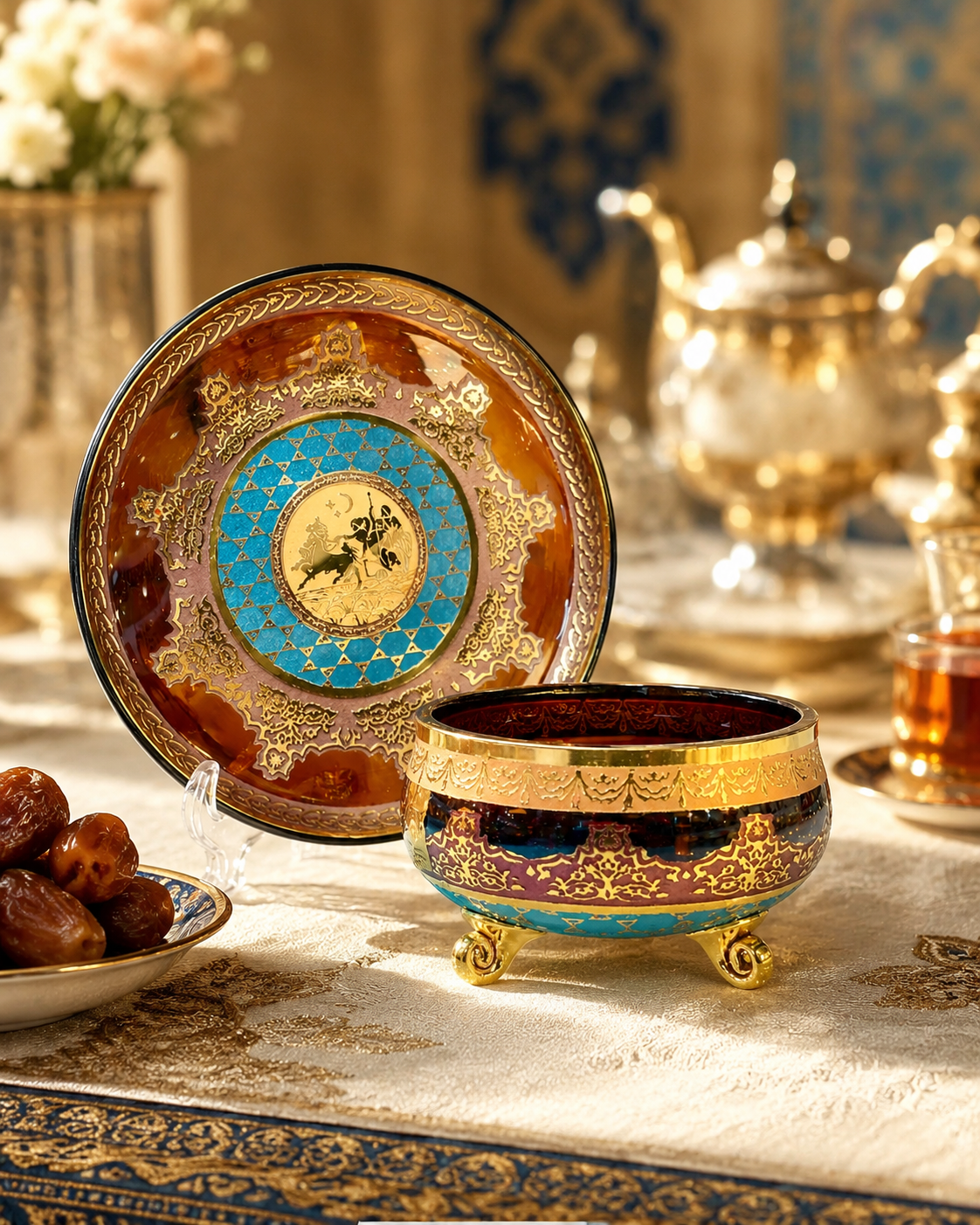 Amber Crystal-Style Bowl & Dessert Plate Set with Gold-Tone Jupiter Pattern