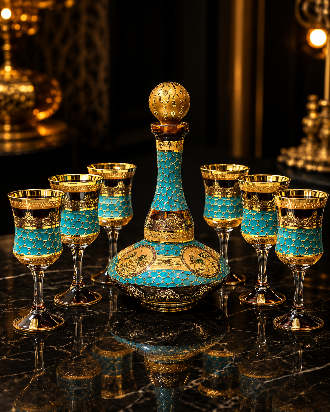 Amber Crystal Decanter & 6 Goblet Set with Gold-Tone Design