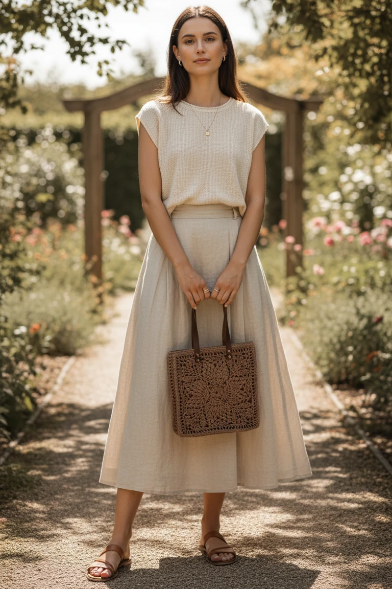 Woman in a beige outfit holding a woven bag in a garden setting