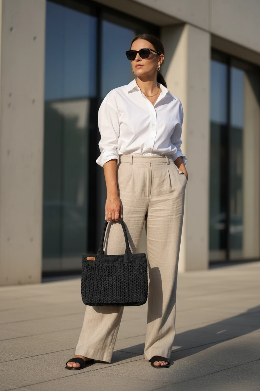 Woman in white shirt and beige pants holding a black handbag outdoors.