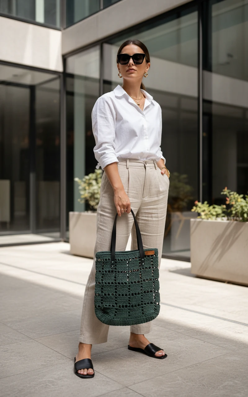 Woman holding a green woven bag in an urban setting