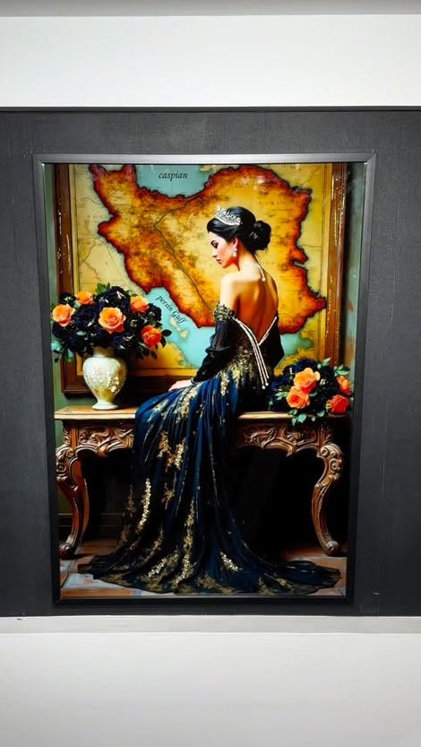 Framed artwork of a woman in a black dress with floral arrangements on a table.