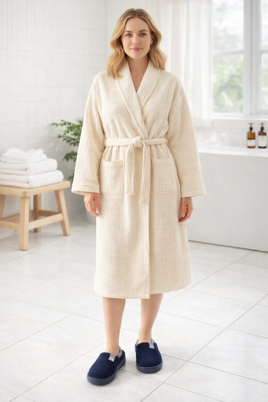 Woman wearing a beige robe in a bright bathroom setting