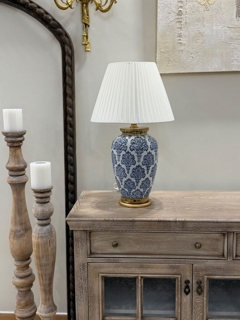 Blue Floral Porcelain Table Lamp with Satin Shade
