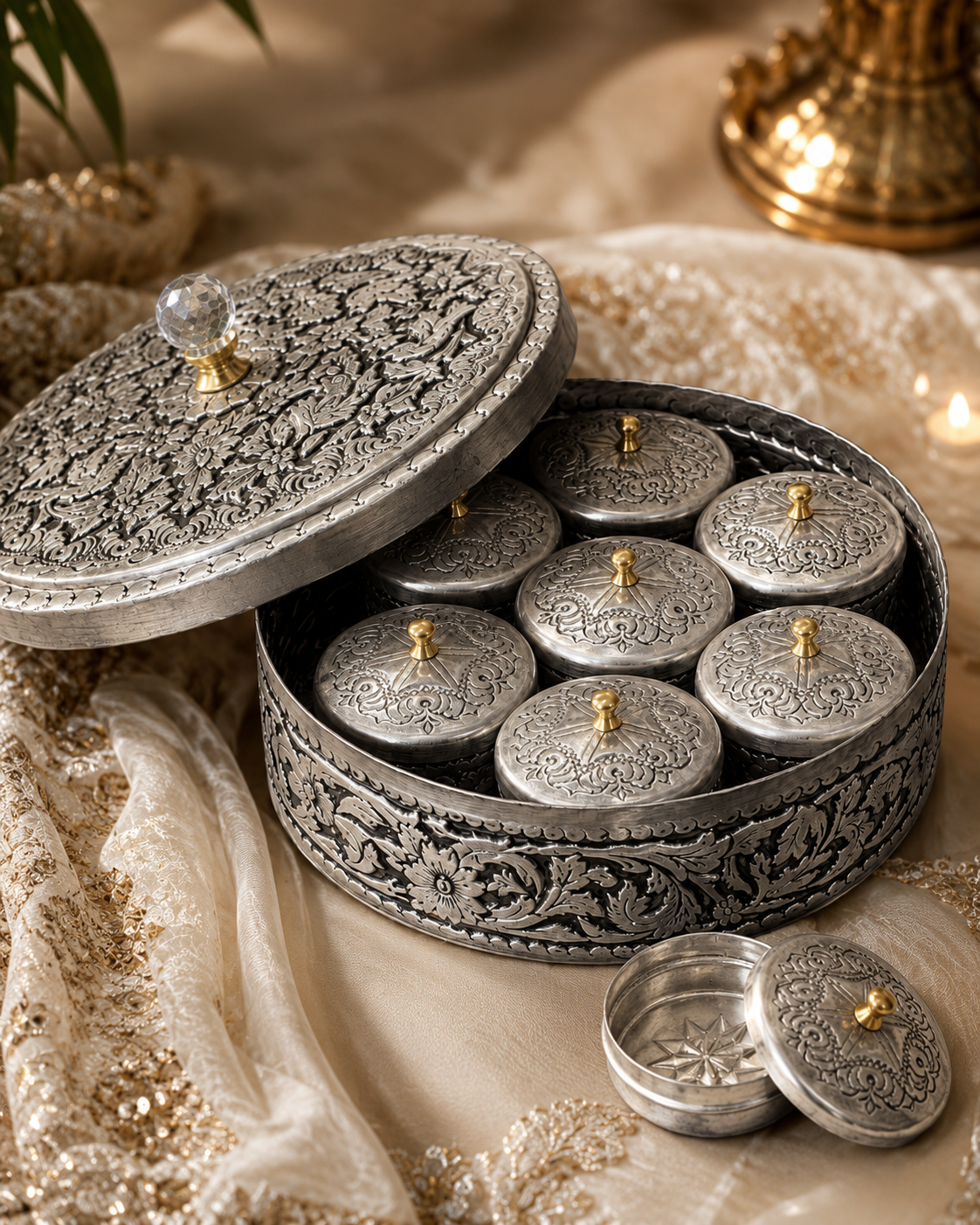 Hand-Engraved Copper Spice Box with 7 Lidded Containers – Tin-Coated Storage Set