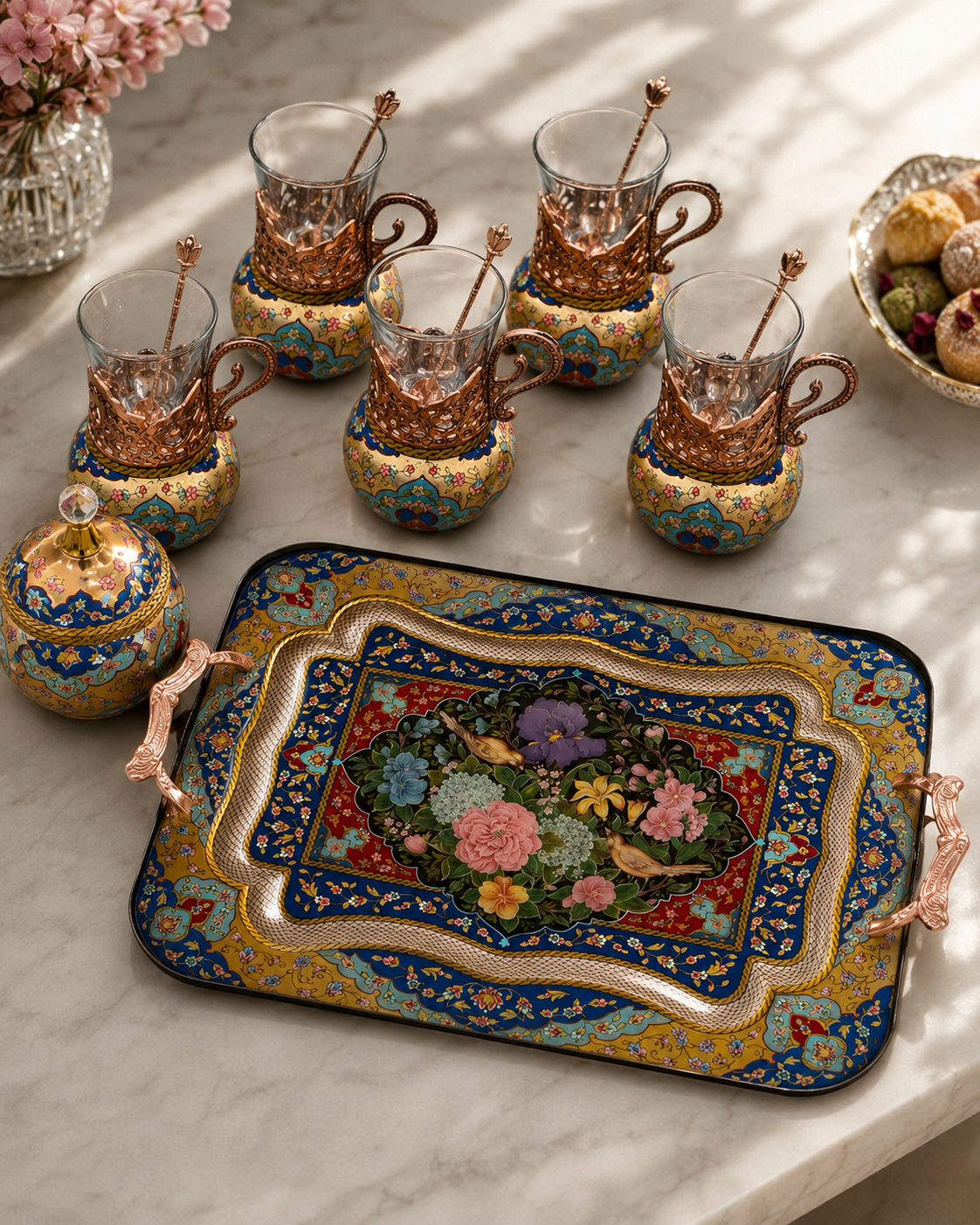 Luxury Copper Tea Serving Set with Gold-Leaf Style Painted Details, 6 Glass Cups, Serving Tray, and Sugar Bowl
