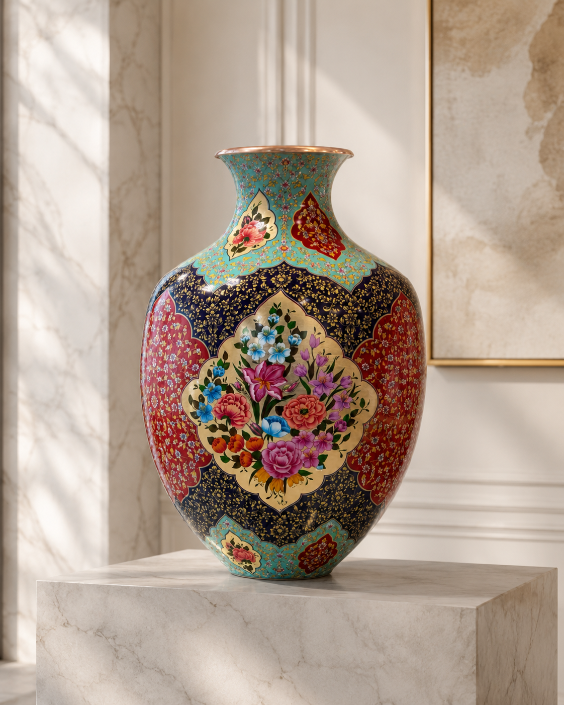 Large Hand-Painted Copper Decorative Vase with Gold-Tone Leaf Artwork