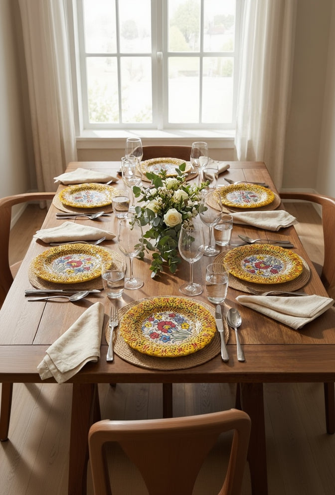 Dining table set with floral plates, glasses, and cutlery in a bright room.