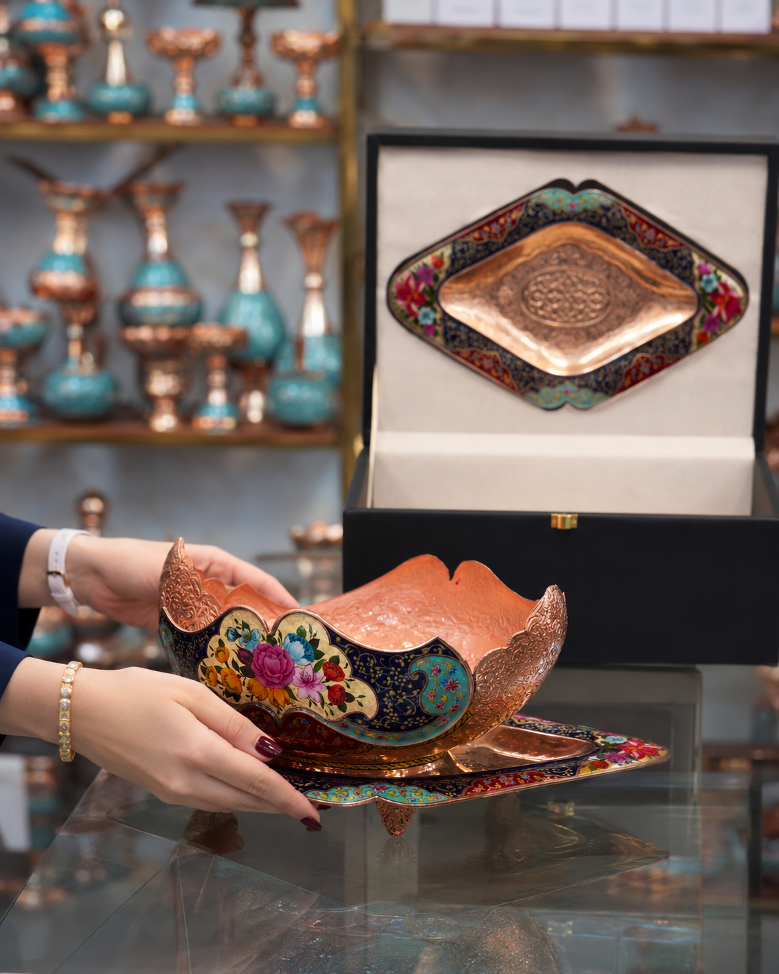 Decorative Copper Bowl and Footed Tray Set