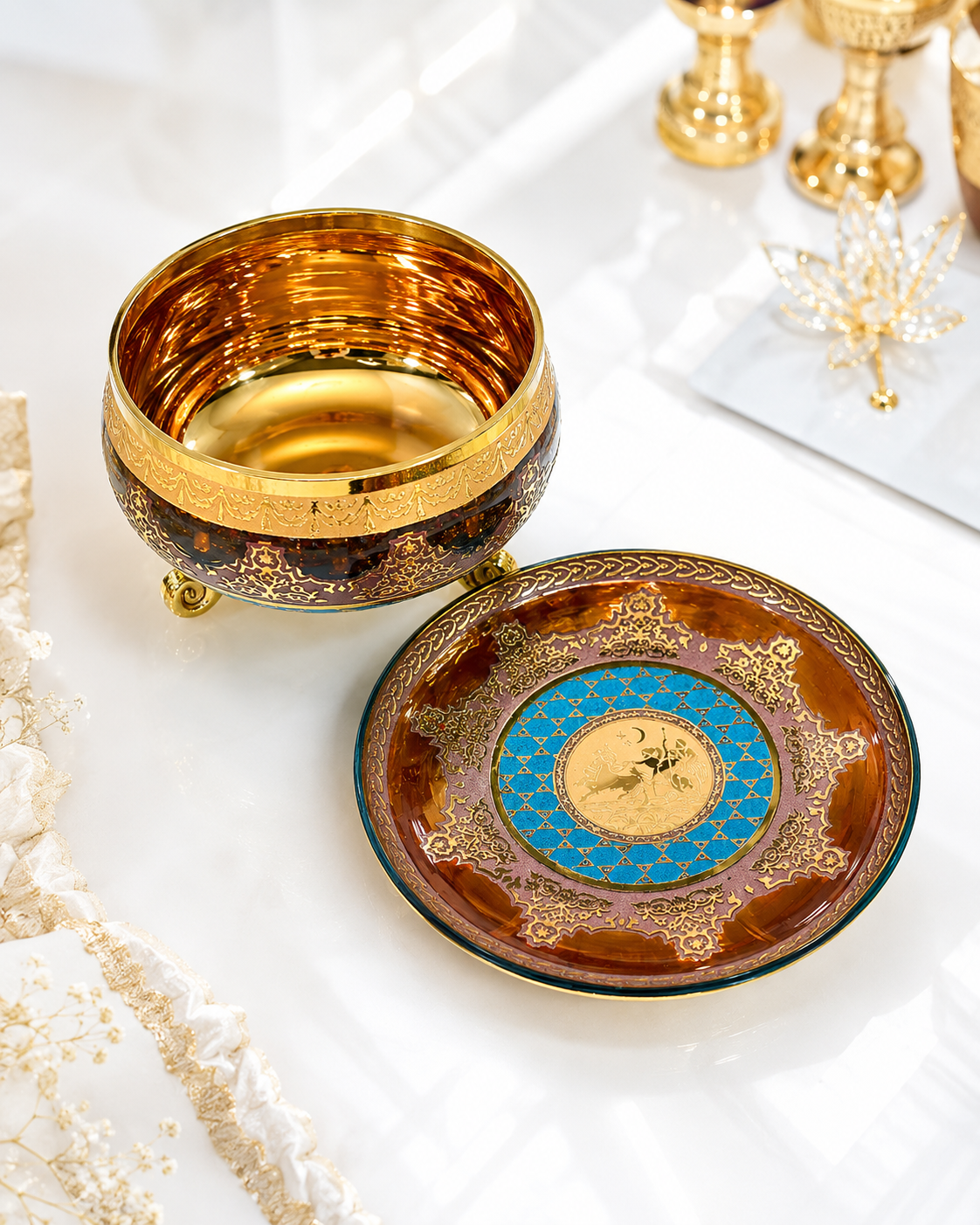 Amber Crystal-Style Bowl & Dessert Plate Set with Gold-Tone Jupiter Pattern