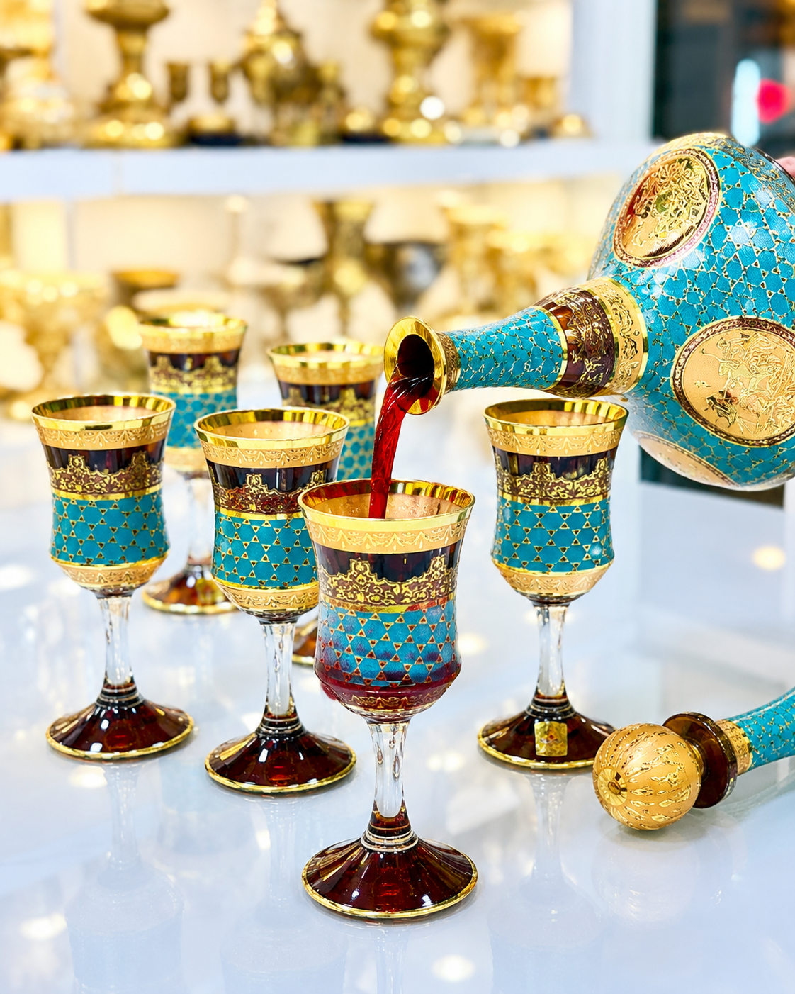 Amber Crystal Decanter & 6 Goblet Set with Gold-Tone Design