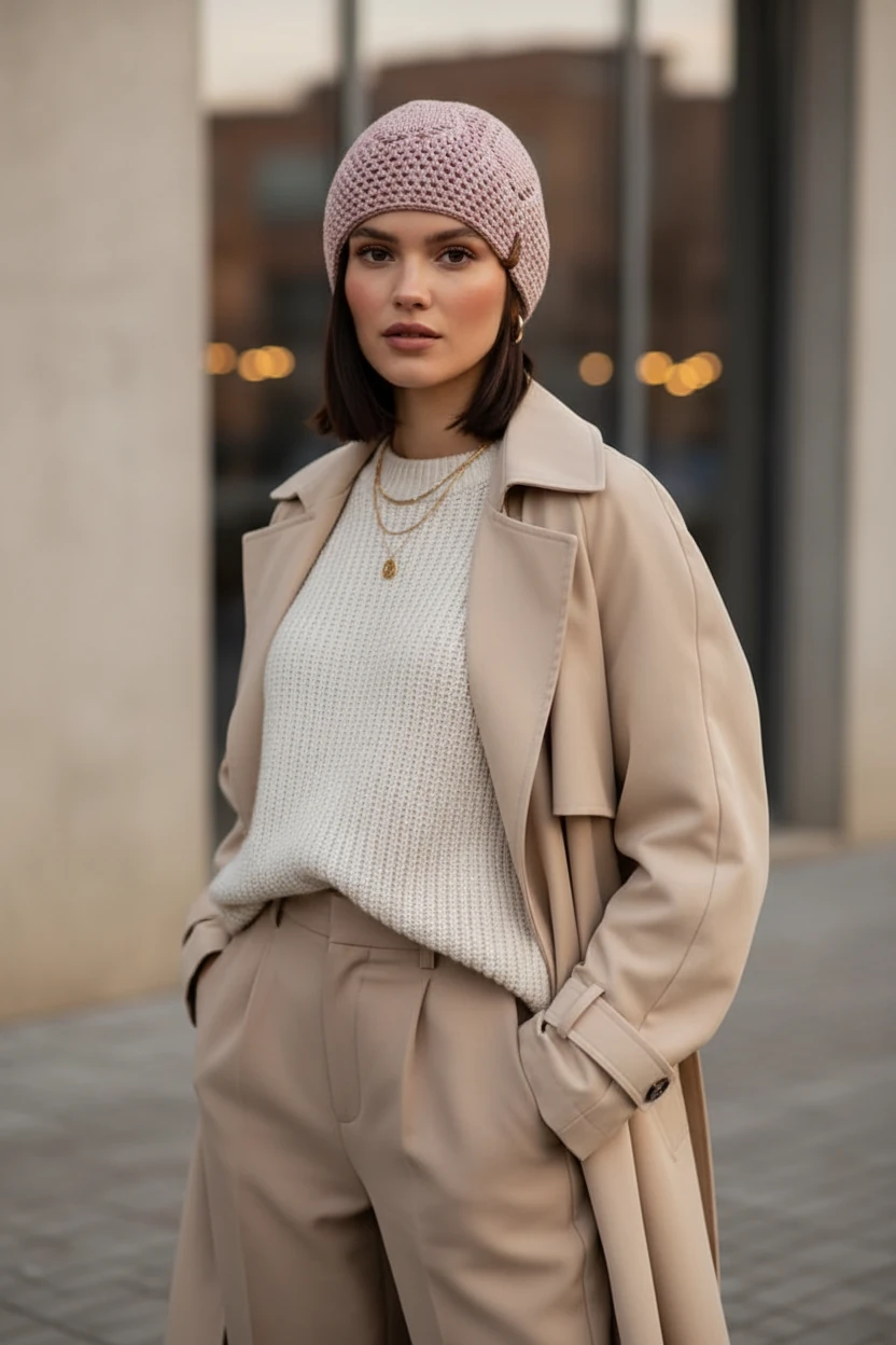 Woman wearing a beige coat, white sweater, and pink knitted hat outdoors.