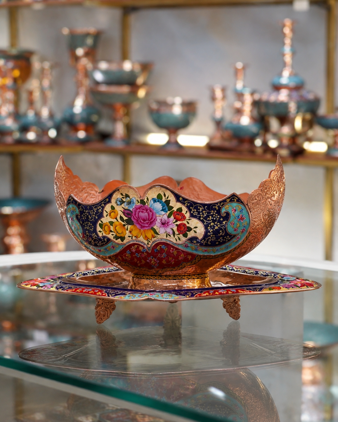 Decorative Copper Bowl and Footed Tray Set