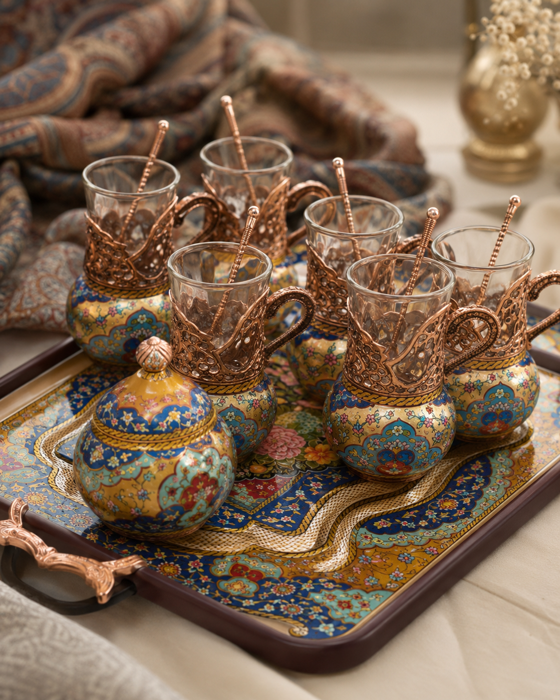 Luxury Copper Tea Serving Set with Gold-Leaf Style Painted Details, 6 Glass Cups, Serving Tray, and Sugar Bowl