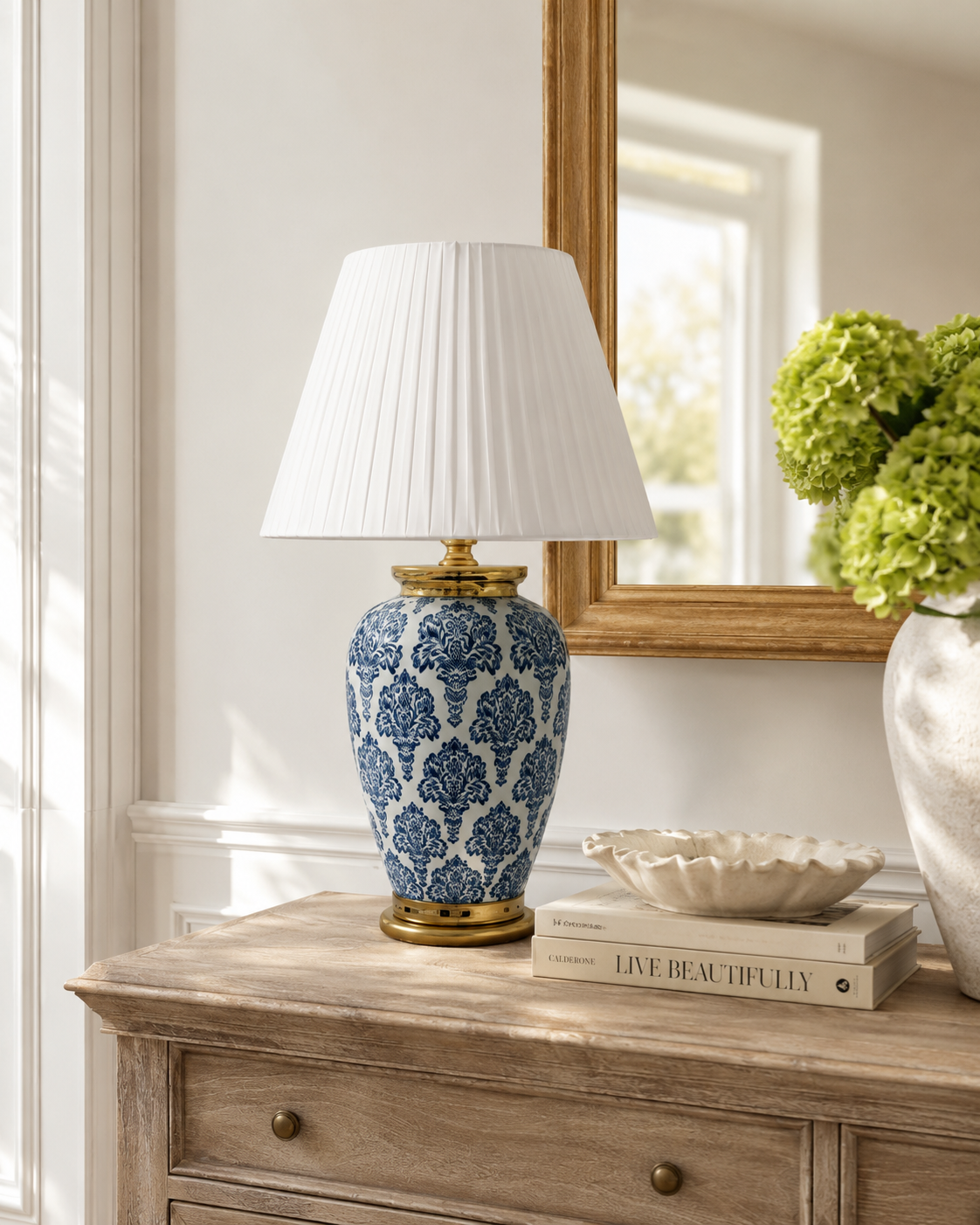 Blue Floral Porcelain Table Lamp with Satin Shade