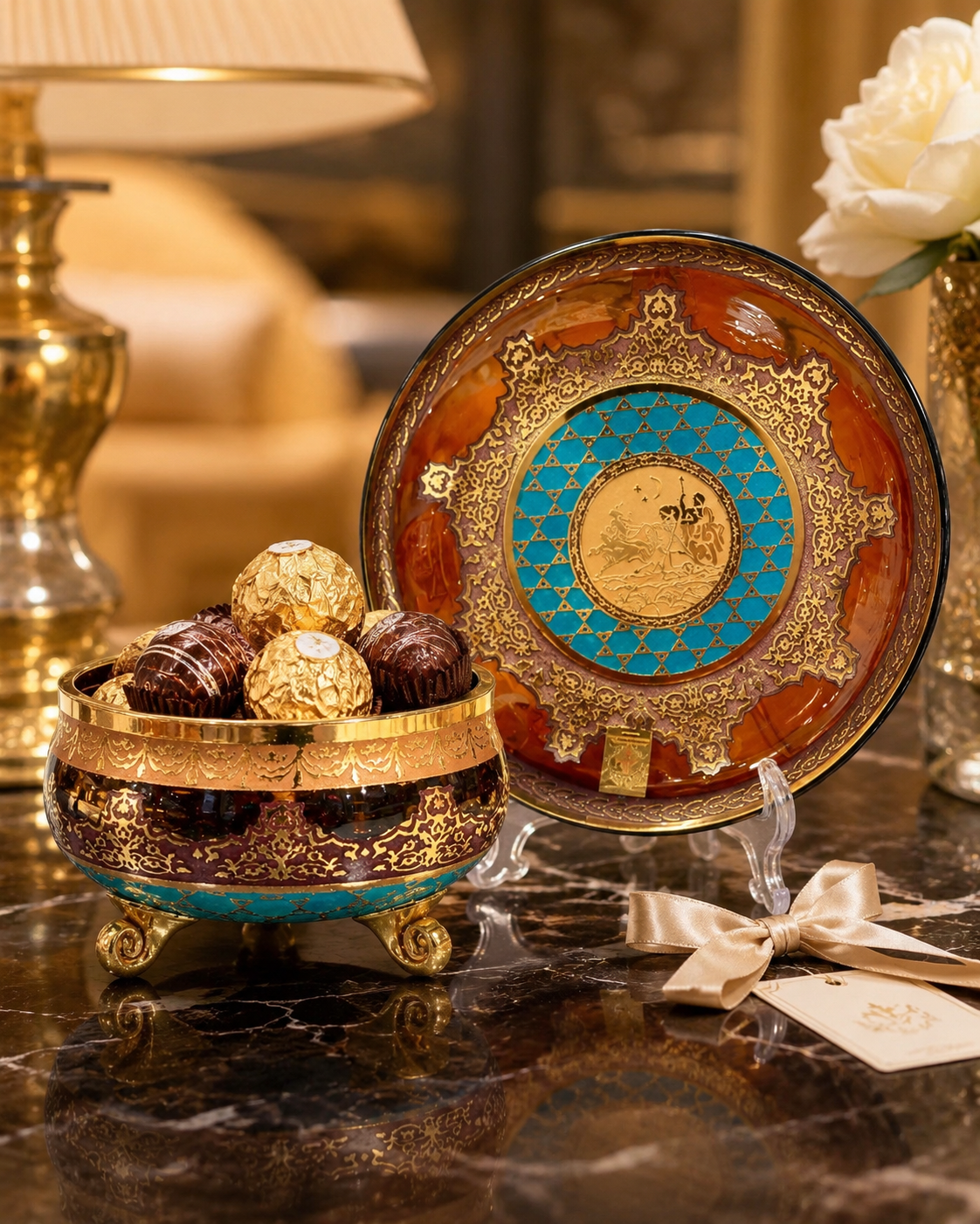 Amber Crystal-Style Bowl & Dessert Plate Set with Gold-Tone Jupiter Pattern
