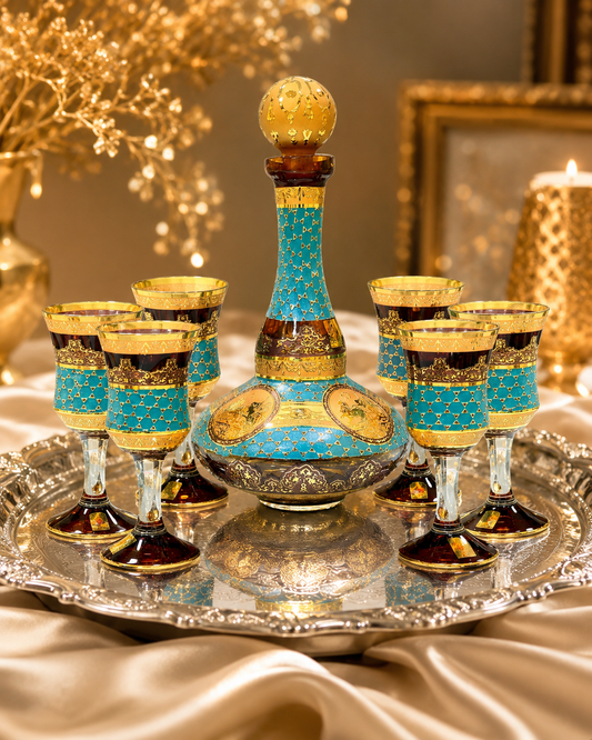 Amber Crystal Decanter & 6 Goblet Set with Gold-Tone Design