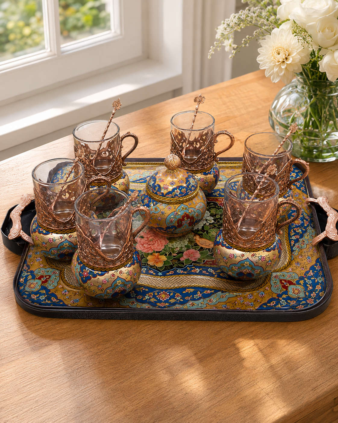 Luxury Copper Tea Serving Set with Gold-Leaf Style Painted Details, 6 Glass Cups, Serving Tray, and Sugar Bowl