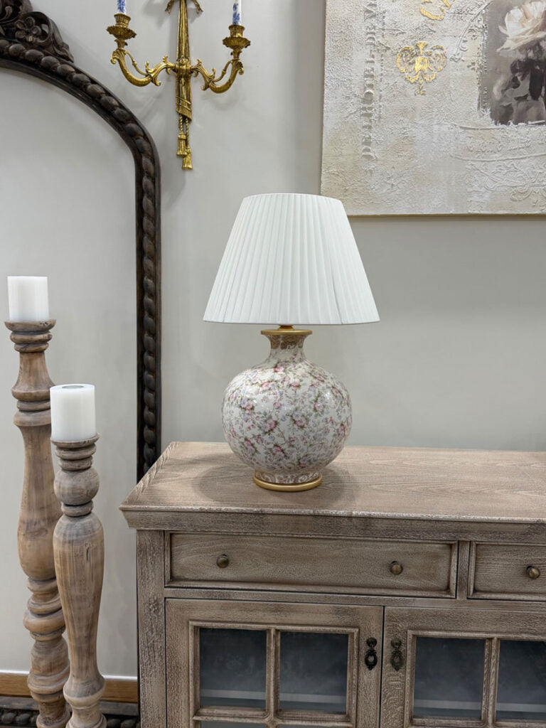 Blue Floral Porcelain Table Lamp with Satin Shade