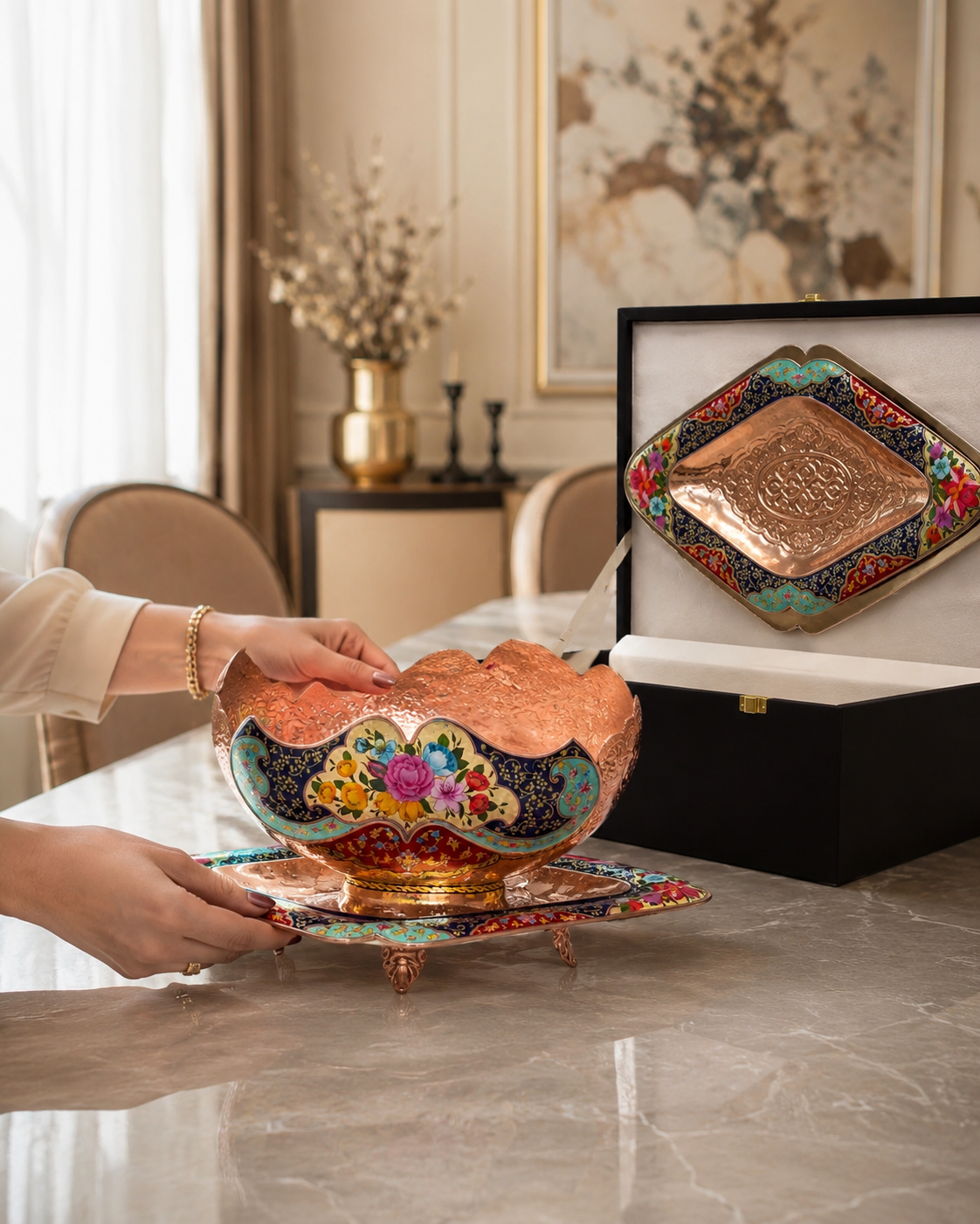 Decorative Copper Bowl and Footed Tray Set
